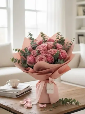 15 Pembe Gül Buketi -Velvet Rose